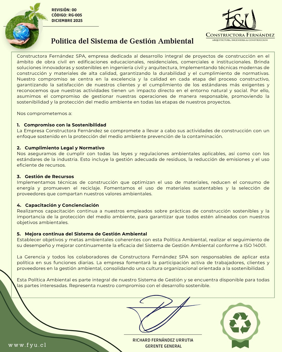Política del Sistema de Gestión Ambiental - Constructora Fernández